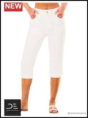 Mid Rise Distressed Raw Hem Stretchy Denim Capris Relaxed Fit